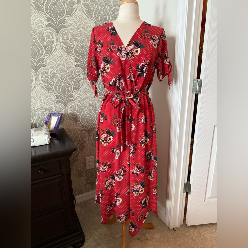 Magnolia Vibrant Red Asymmetrical Floral Dress